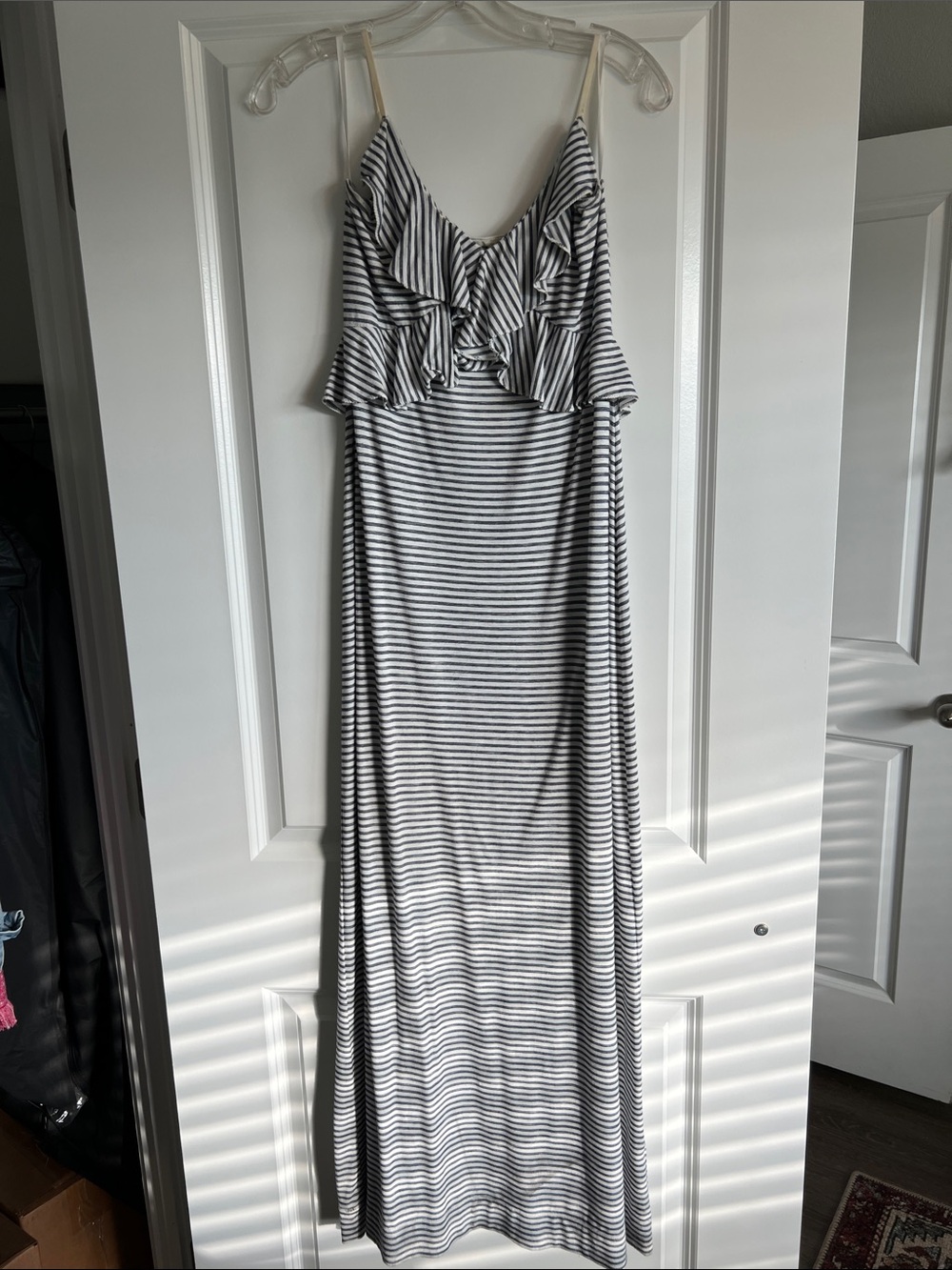 MAX STUDIO- dark navy & cream Striped Ruffle Maxi Dress